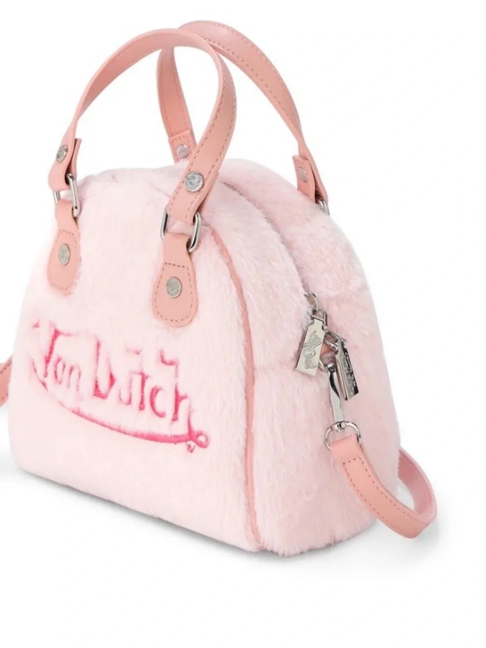 Von Dutch Furry Light Pink with Hot Pink Lettering Bowling Bag Purse - Picture 8 of 12